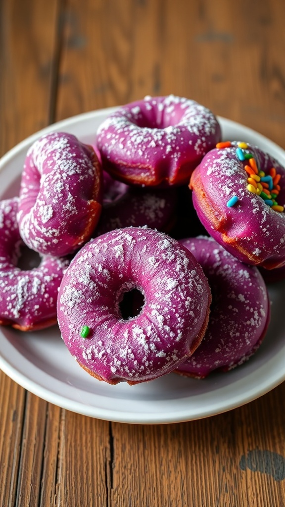 Ubi Ungu Donut Recipe A plate of purple sweet potato donuts dusted with powdered sugar and colorful sprinkles.